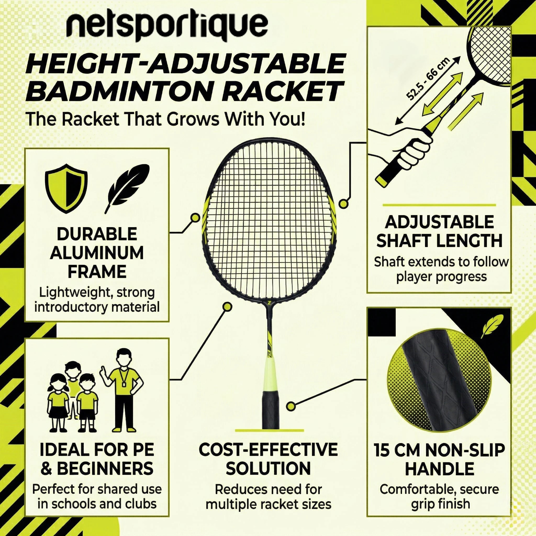 Raquette de badminton réglable en hauteur