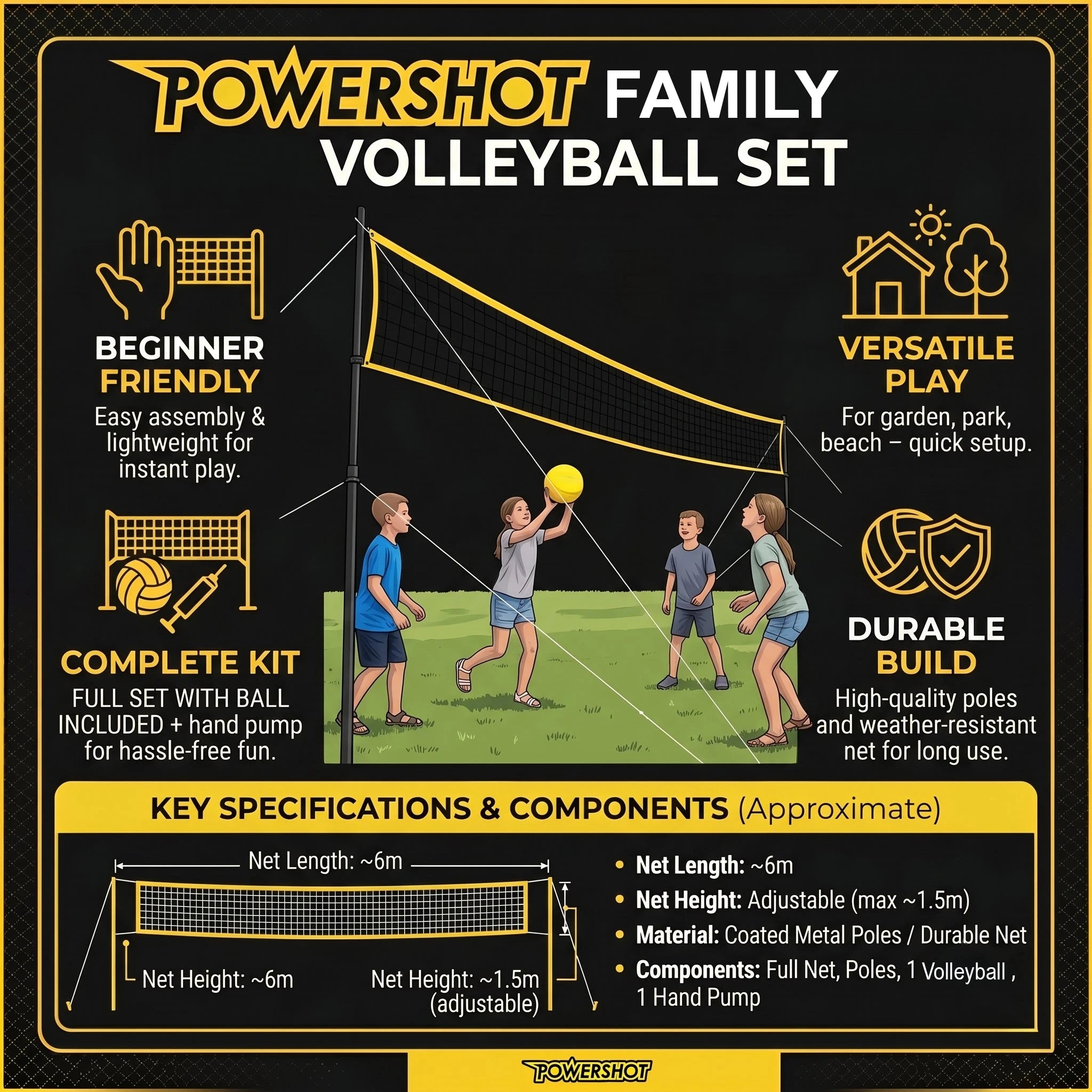 Set Volleyball 6m - Avec poteaux, filet, balle et pompe